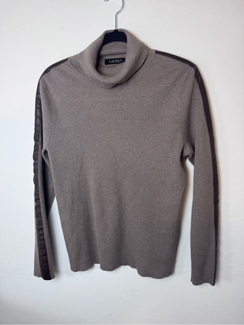 LAUREN Ralph Lauren Taupe Turtleneck Sweater with Faux Leather Brown Trim